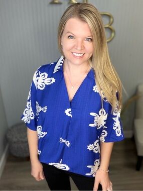 Umgee Royal Blue Floral Short Sleeve Blouse